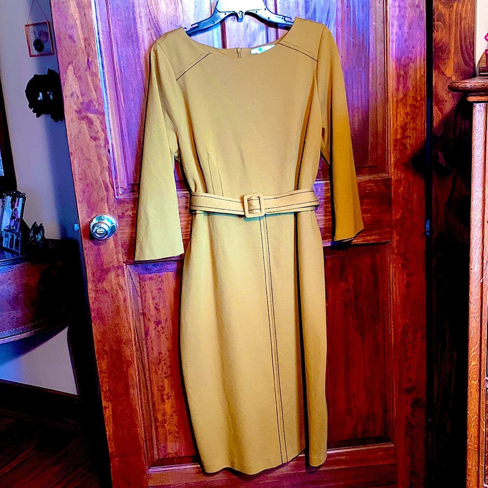 Boden Long Sleeve dress w/belt lined stretch Cotton/Modal Knit Mustard/Tan 16R